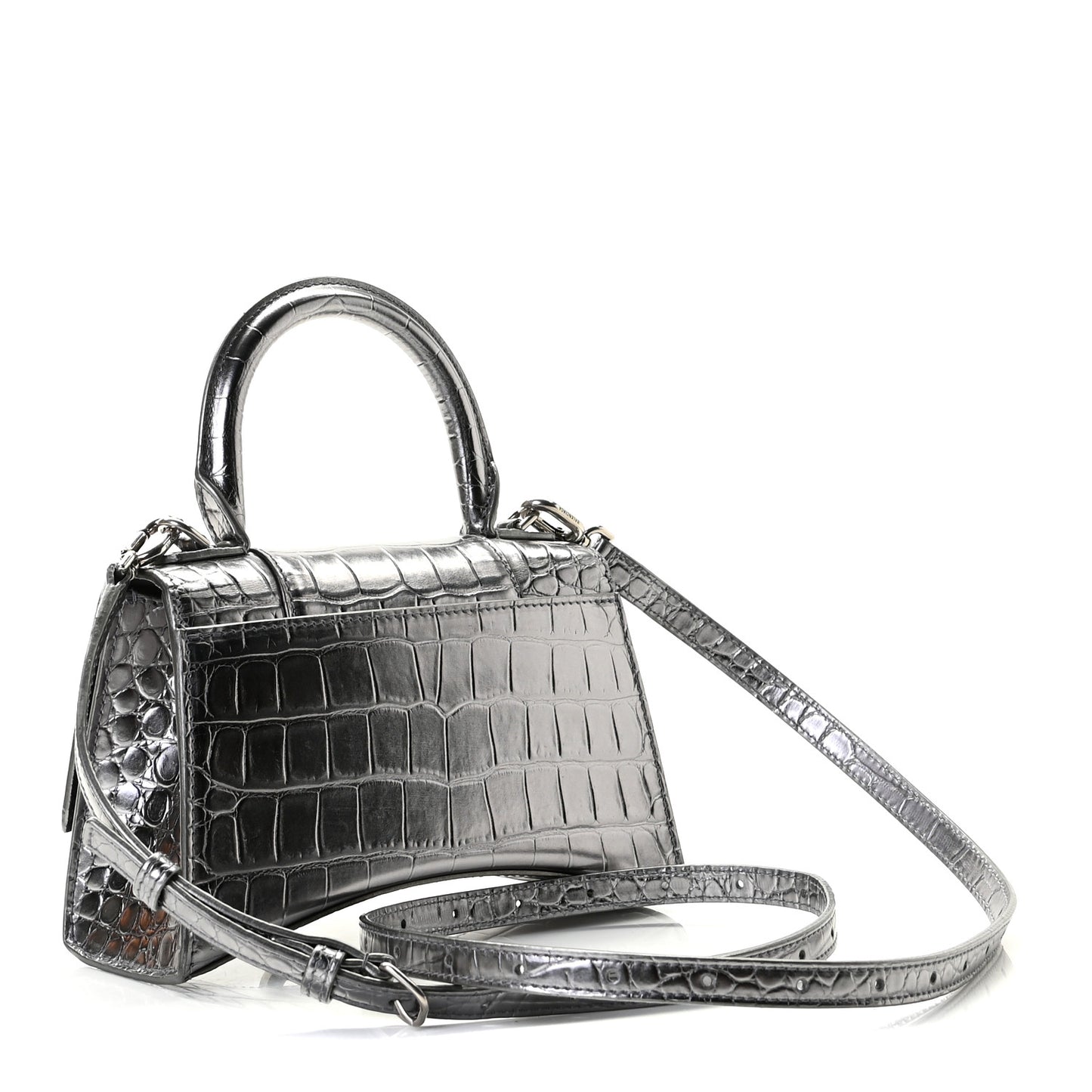 Shiny Calfskin Crocodile Embossed Hourglass Top Handle Bag XS Silver
