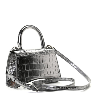Balenciaga Shiny Calfskin Crocodile Embossed Hourglass Top Handle Bag XS Silver 4 of 8