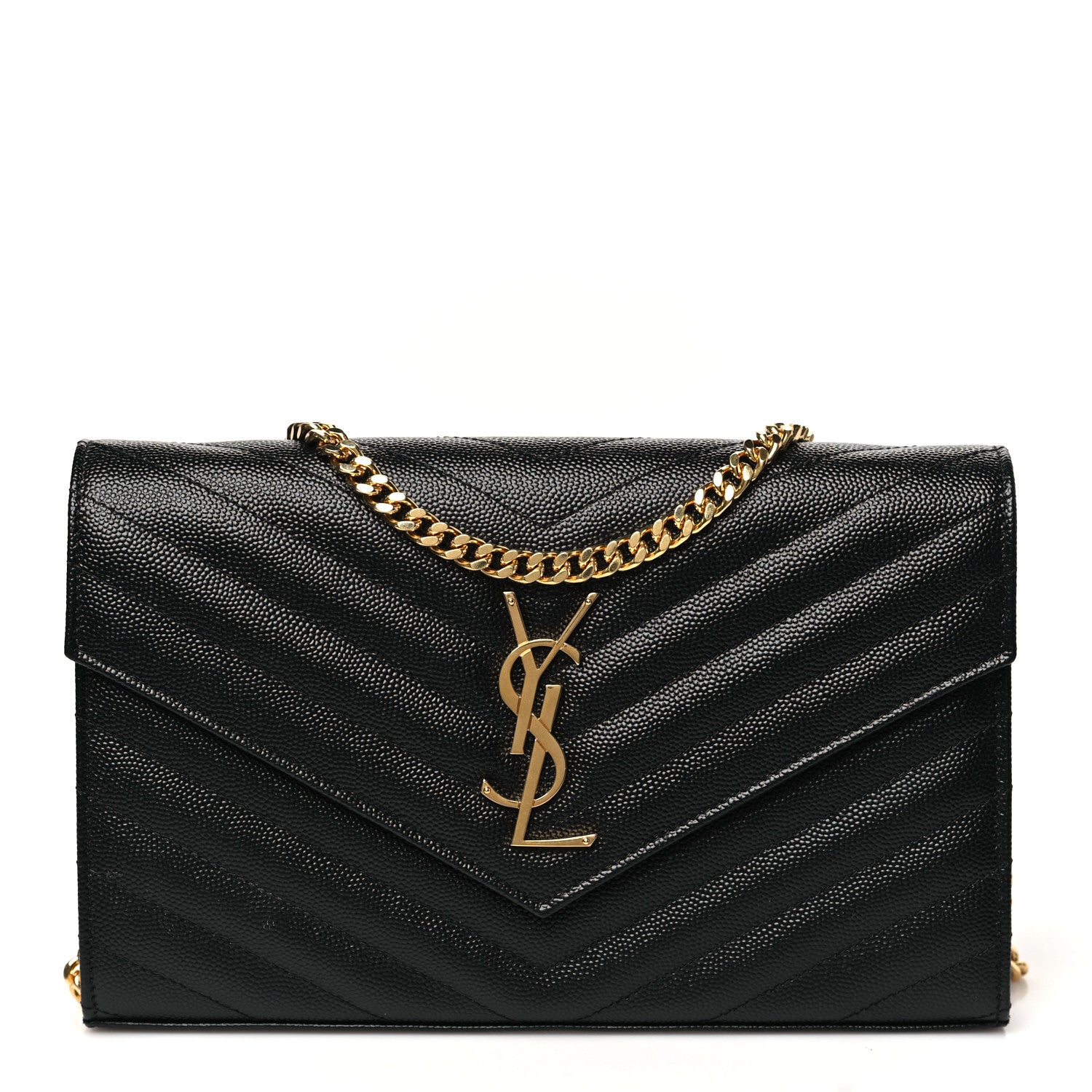 Saint Laurent Grain De Poudre Matelasse Chevron Monogram Chain Wallet Black 1 of 11