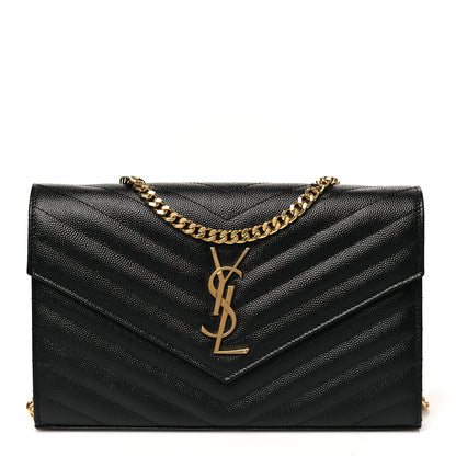 Saint Laurent Grain De Poudre Matelasse Chevron Monogram Chain Wallet Black 1 of 11