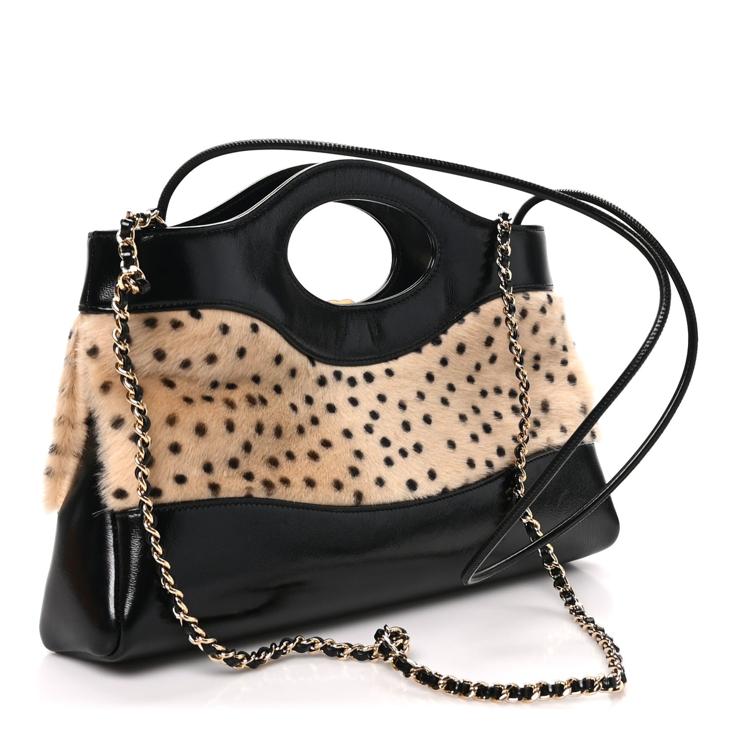 Shiny Lambskin Pony Hair Cheetah Printed East West 31 Shopping Bag Light Beige Black