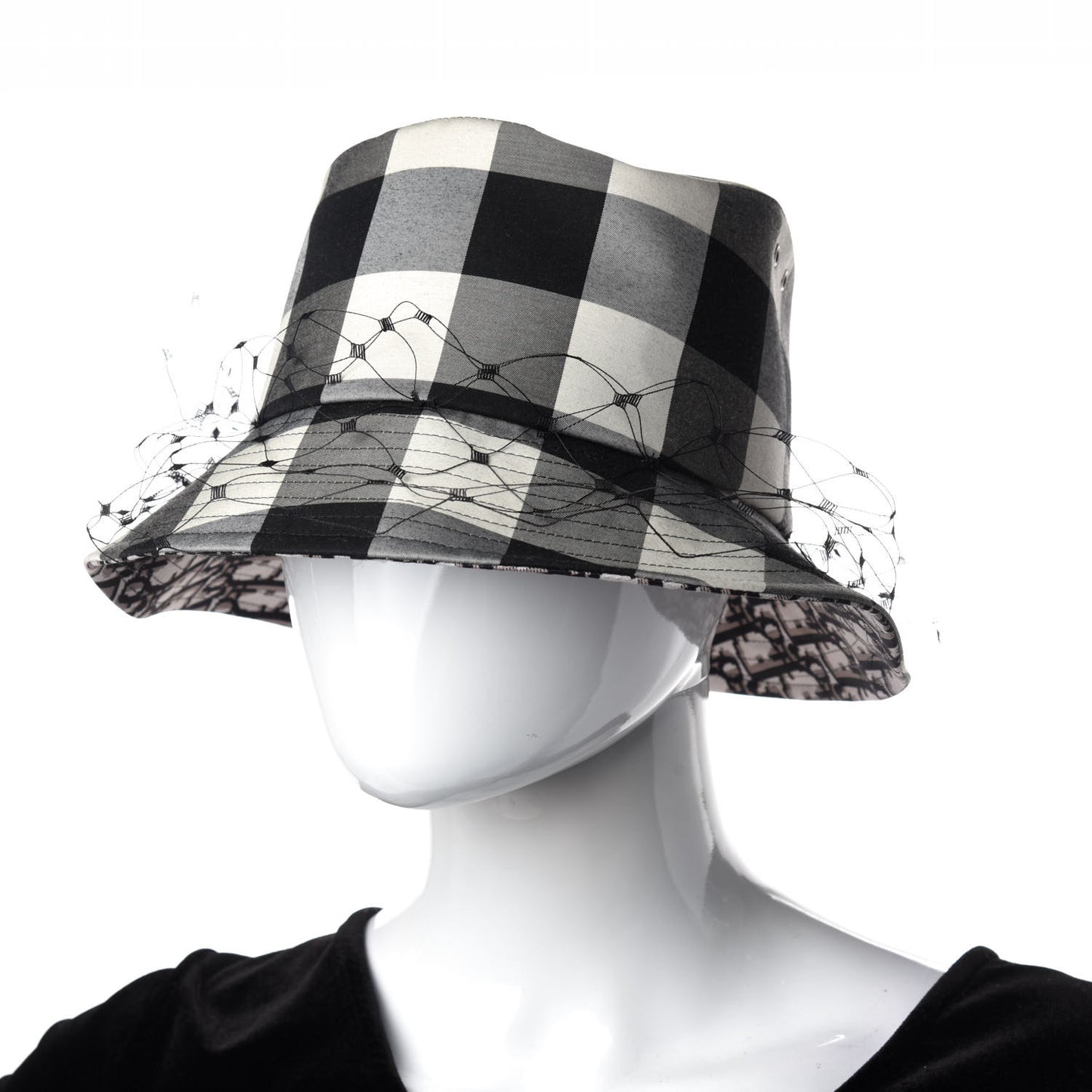 Cotton Large Brim Bucket Hat with Veil 56 Black White