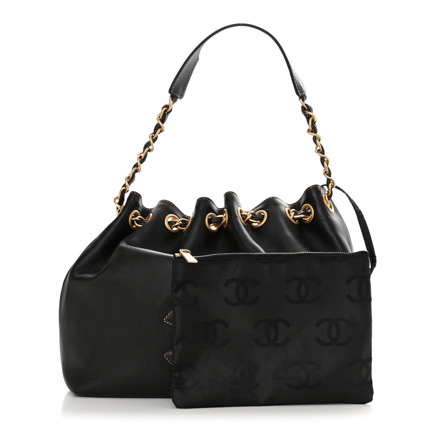 Grained Calfskin CC Drawstring Bucket Bag Black