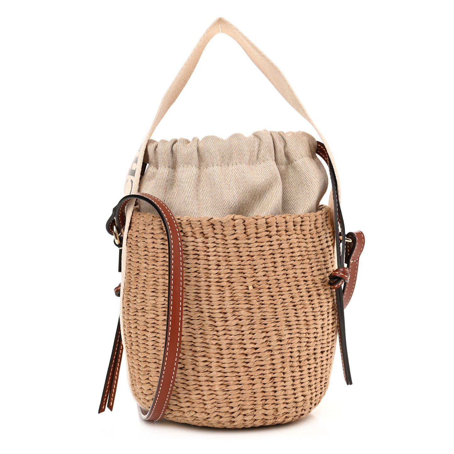 Raffia Calfskin Small Woody Basket Bag Brown