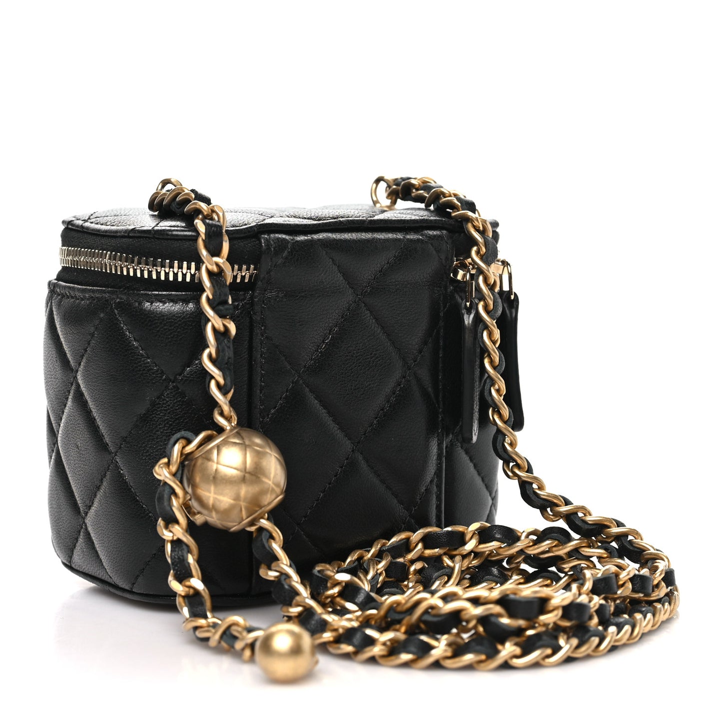 Lambskin Quilted Mini Pearl Crush Vanity Case With Chain Black