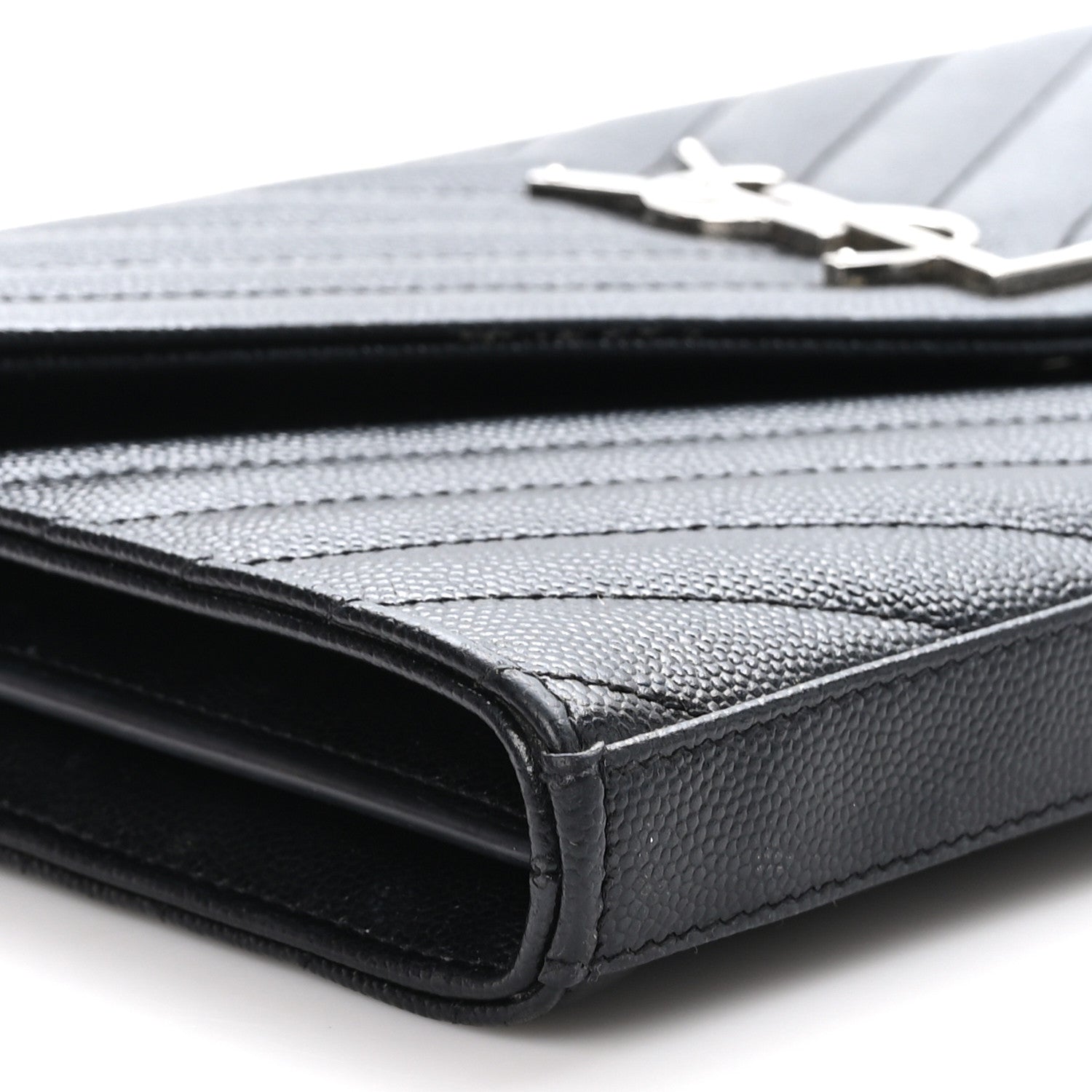 Saint Laurent Grain De Poudre Matelasse Chevron Monogram Chain Wallet Black 9 of 11