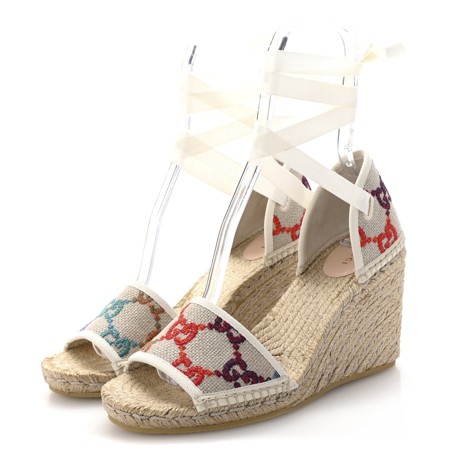 Gucci Linen Psychedelic Mini GG Monogram Ankle Wrap Platform Espadrille Wedge Sandals 41 Multicolor Mystic White 4 of 11