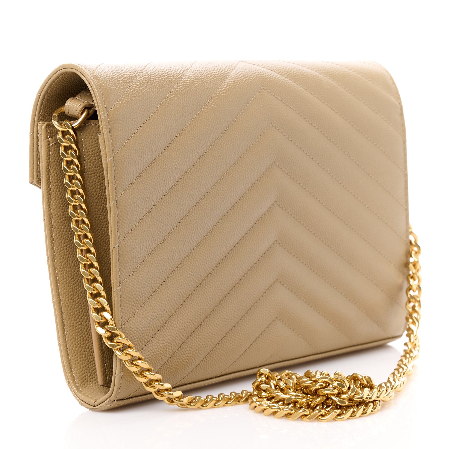 Saint Laurent Grain De Poudre Matelasse Chevron Monogram Chain Wallet Dark Latte 3 of 13