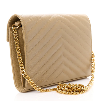 Saint Laurent Grain De Poudre Matelasse Chevron Monogram Chain Wallet Dark Latte 3 of 13