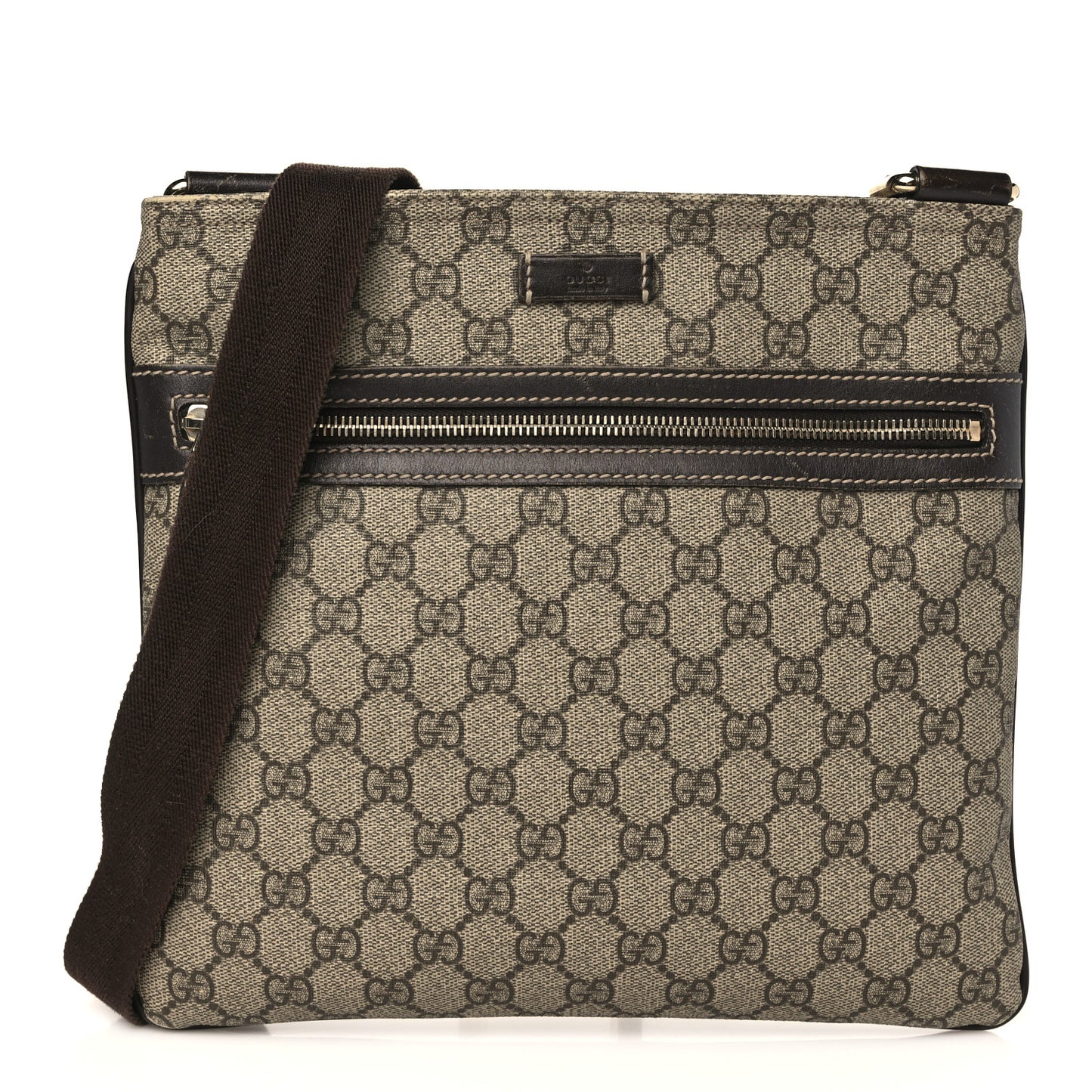 GG Supreme Monogram Selleria Calfskin Small Flat Side Zip Messenger Bag Beige Ebony Cocoa Dark Chocolate