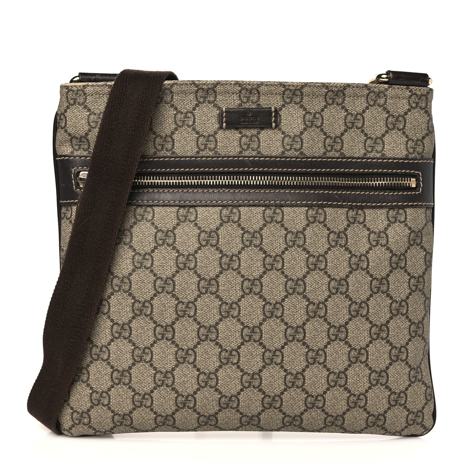 Gucci GG Supreme Monogram Selleria Calfskin Small Flat Side Zip Messenger Bag Beige Ebony Cocoa Dark Chocolate 1 of 11