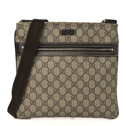 Gucci GG Supreme Monogram Selleria Calfskin Small Flat Side Zip Messenger Bag Beige Ebony Cocoa Dark Chocolate 1 of 11