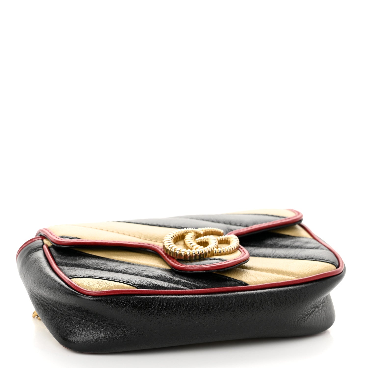 Gucci Vintage Effect Calfskin Matelasse Diagonal Striped Super Mini Torchon GG Marmont Shoulder Bag Black Beige 4 of 10