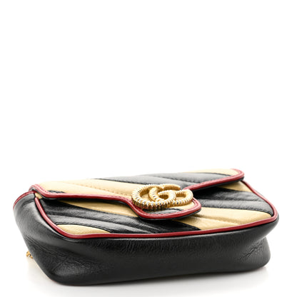 Gucci Vintage Effect Calfskin Matelasse Diagonal Striped Super Mini Torchon GG Marmont Shoulder Bag Black Beige 4 of 10