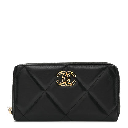 Chanel Shiny Goatskin Quilted Chanel 19 Long Zipped Around Wallet Black 1 of 9
