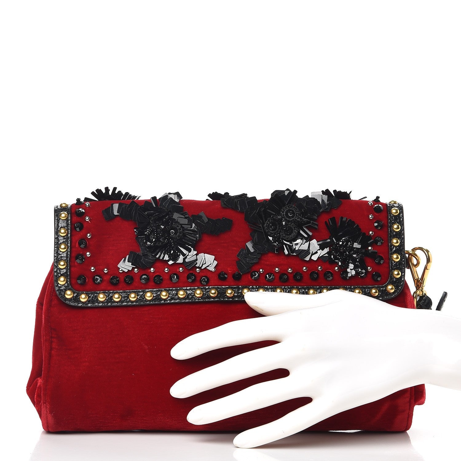 Prada Velvet Embellished Clutch Rosso 2 of 5