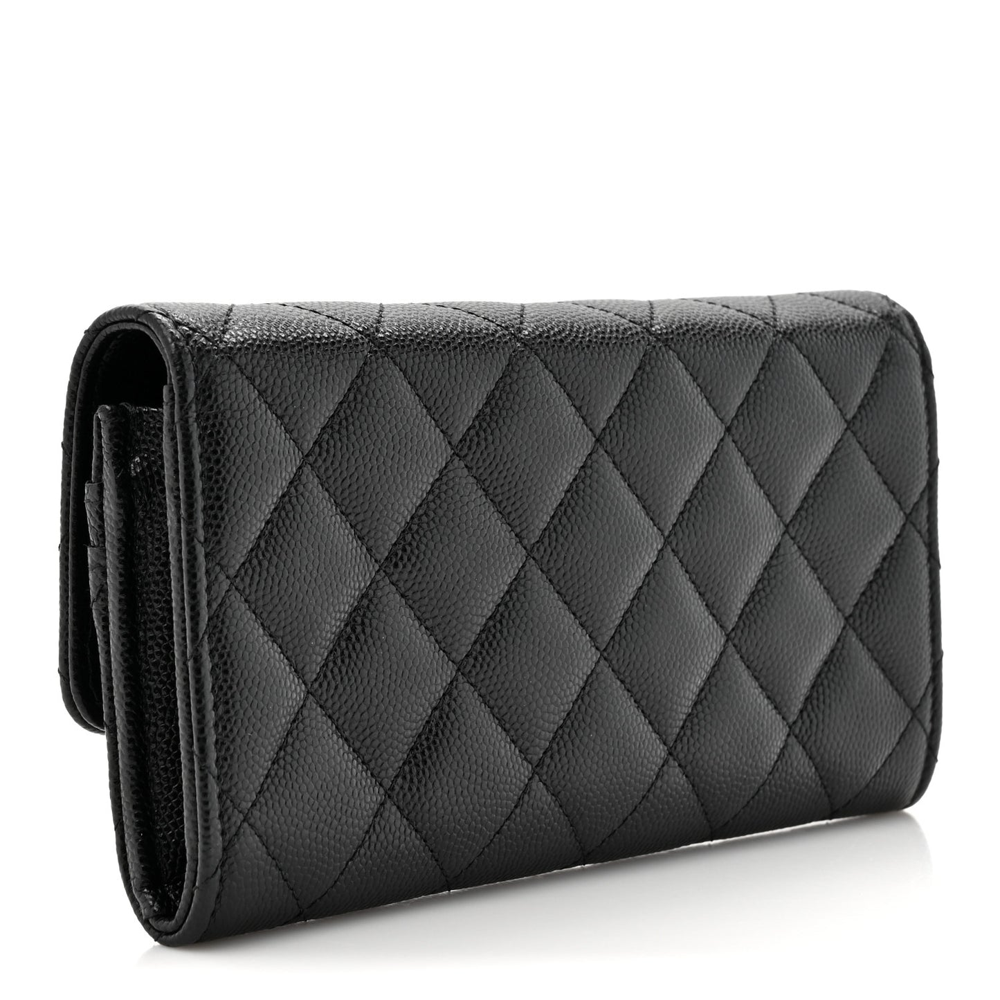 Caviar Quilted Crystal CC Large Gusset Flap Wallet Black