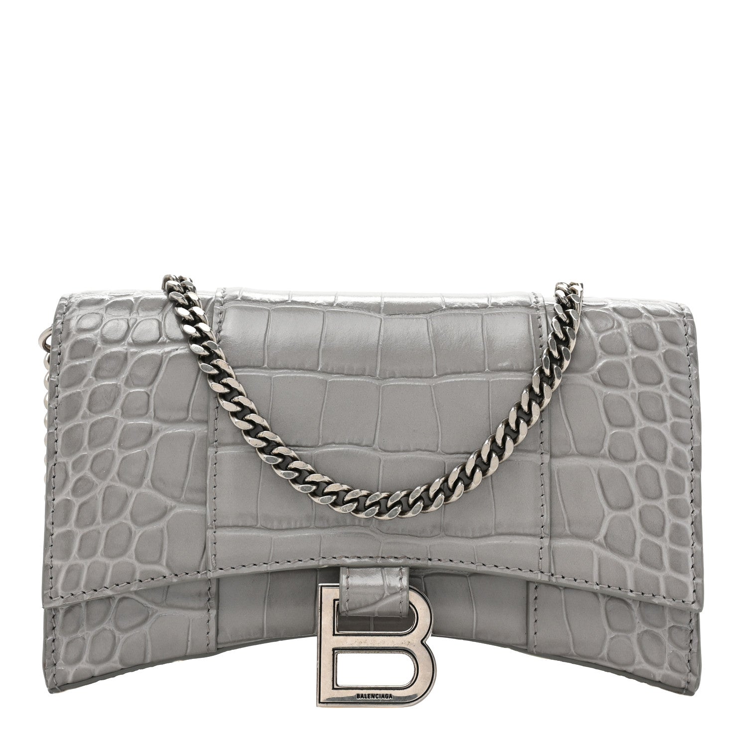 Balenciaga Shiny Calfskin Crocodile Embossed Hourglass Chain Bag Steel Grey 1 of 15
