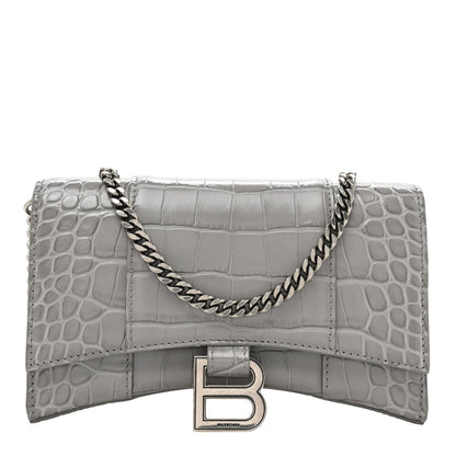 Balenciaga Shiny Calfskin Crocodile Embossed Hourglass Chain Bag Steel Grey 1 of 15