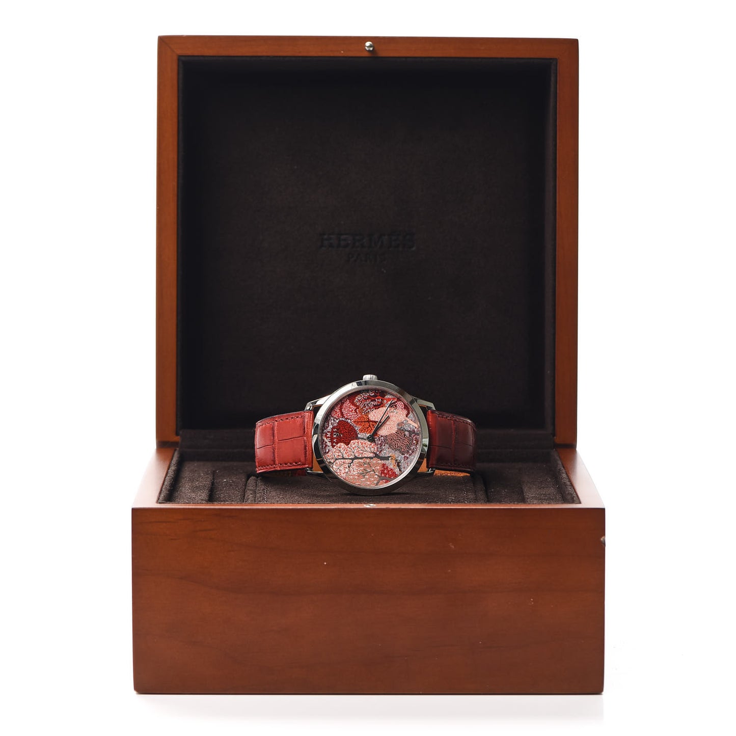 18K White Gold Alligator 39.5mm Slim d'Hermes English Garden Quartz Watch Rouge Casaque