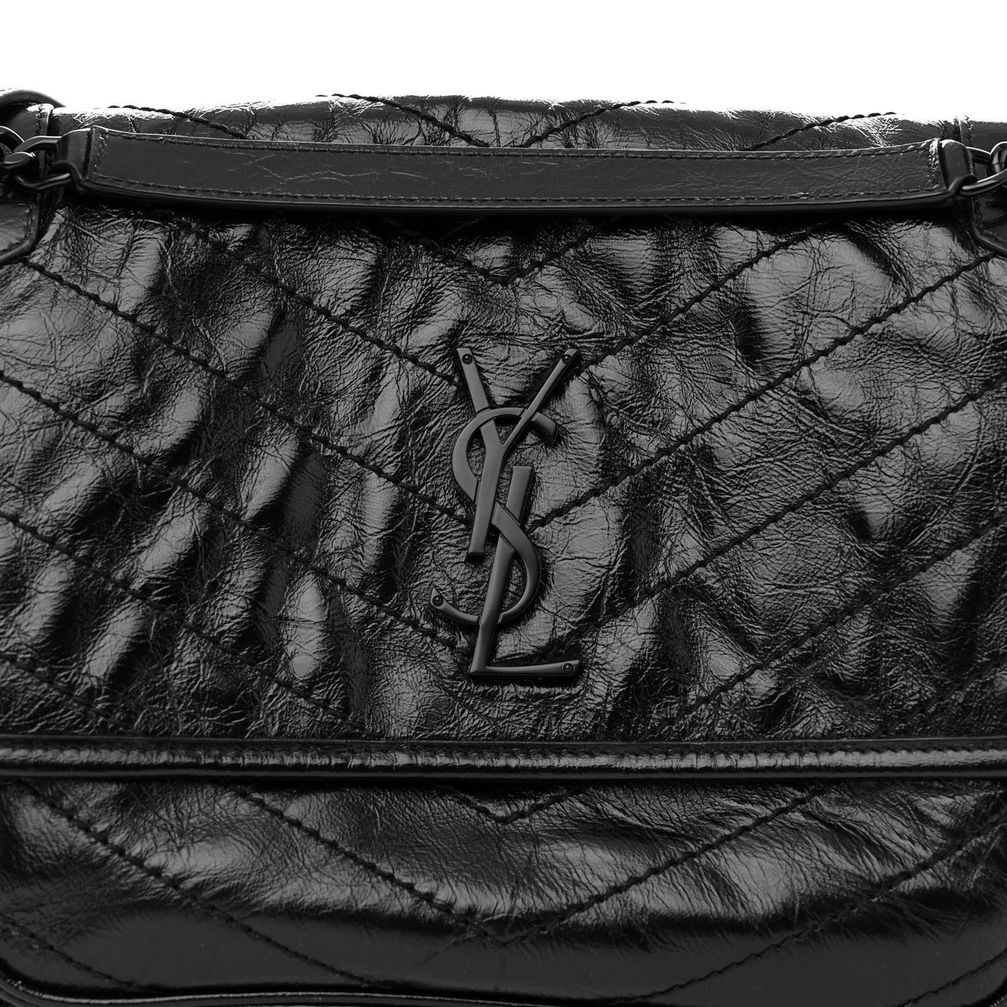 Crinkled Calfskin Matelasse Monogram Medium Niki Chain Satchel Black