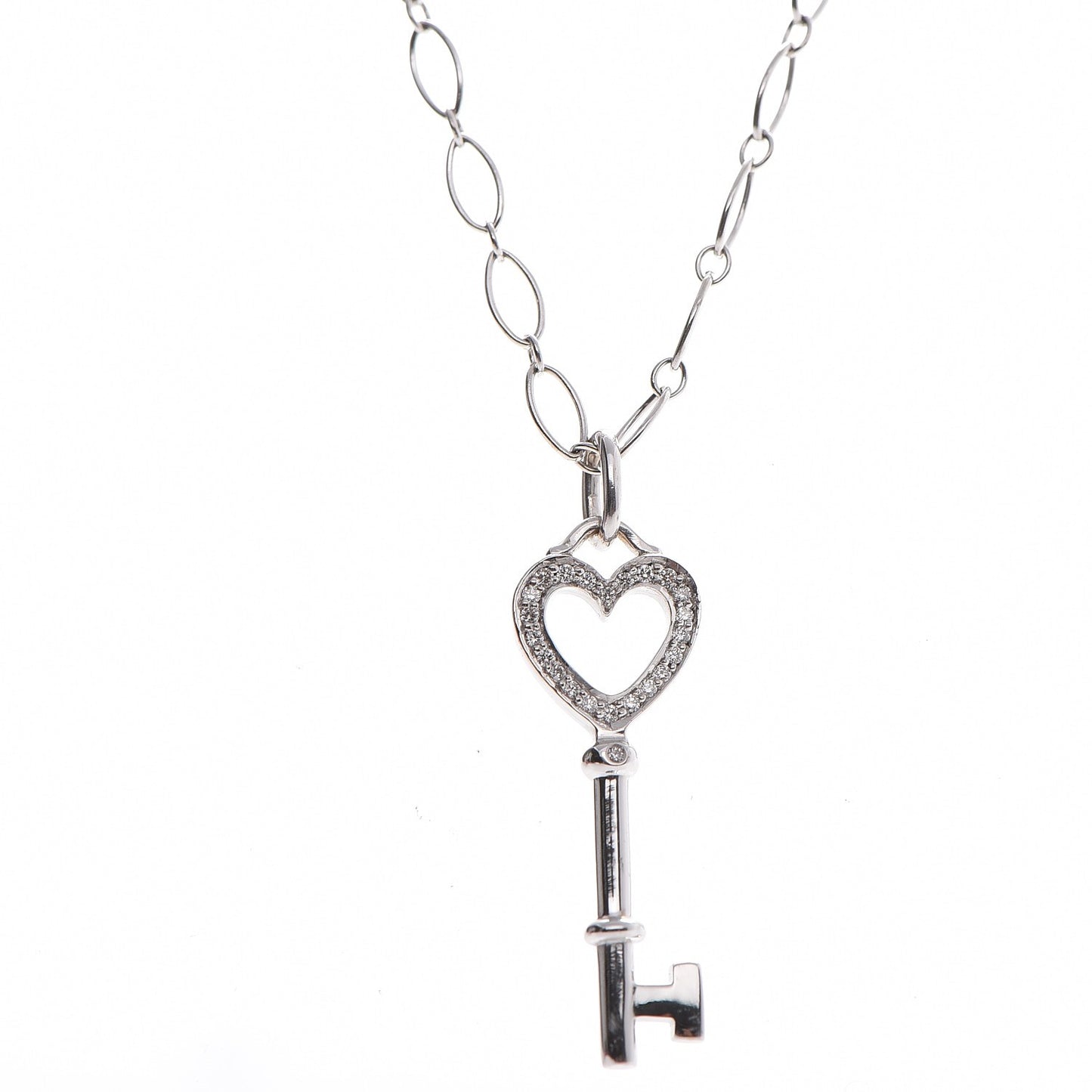 18K White Gold Diamond Mini Heart Key Charm Pendant Link Necklace