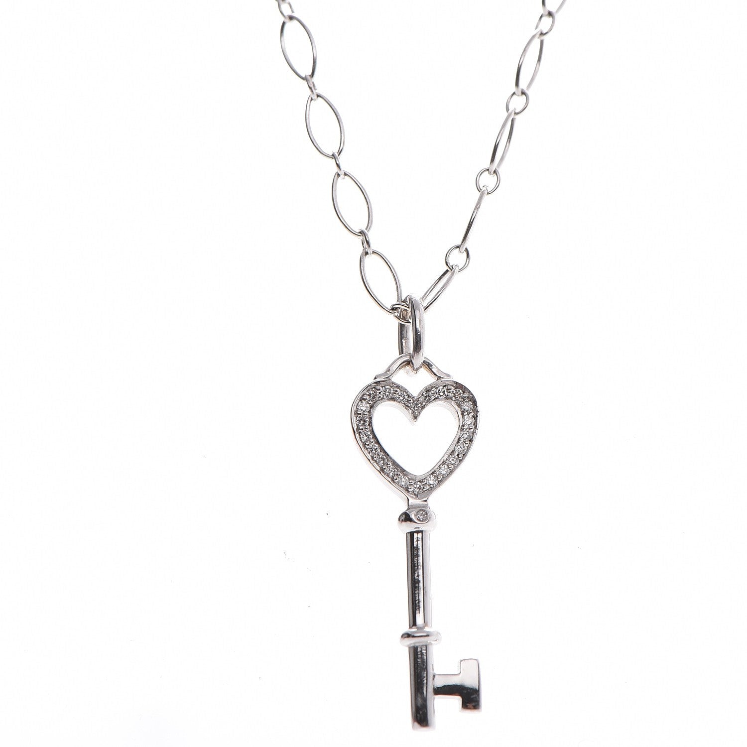 Tiffany 18K White Gold Diamond Mini Heart Key Charm Pendant Link Necklace 4 of 6