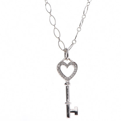 Tiffany 18K White Gold Diamond Mini Heart Key Charm Pendant Link Necklace 4 of 6