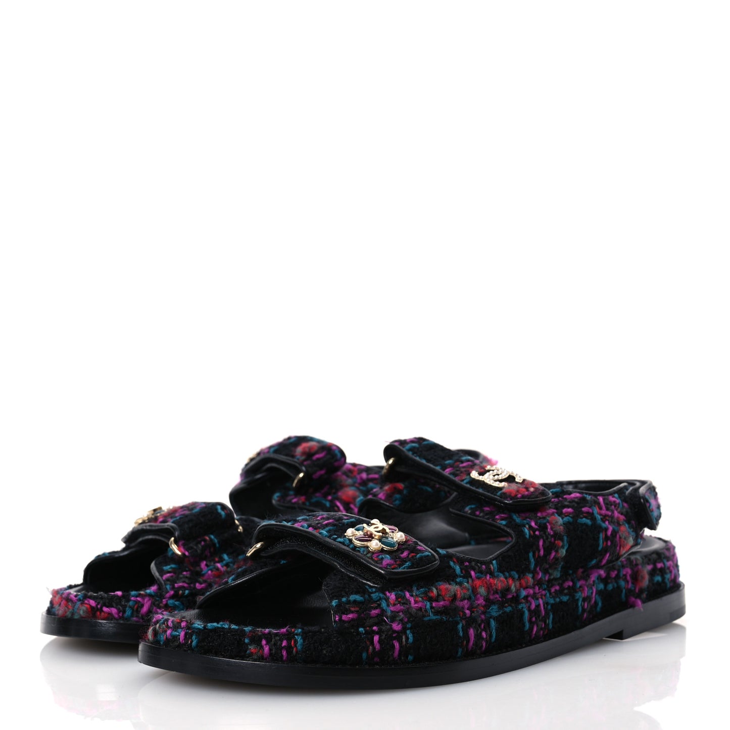 Wool Tweed Velcro Dad Sandals 41 Black Purple Green Red
