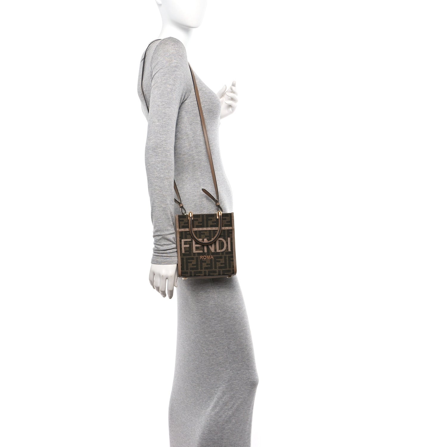 Fendi Fabric Jacquard Vitello Grace FF 1974 Logo Mini Sunshine Shopper Tobacco Moro Sand 3 of 10