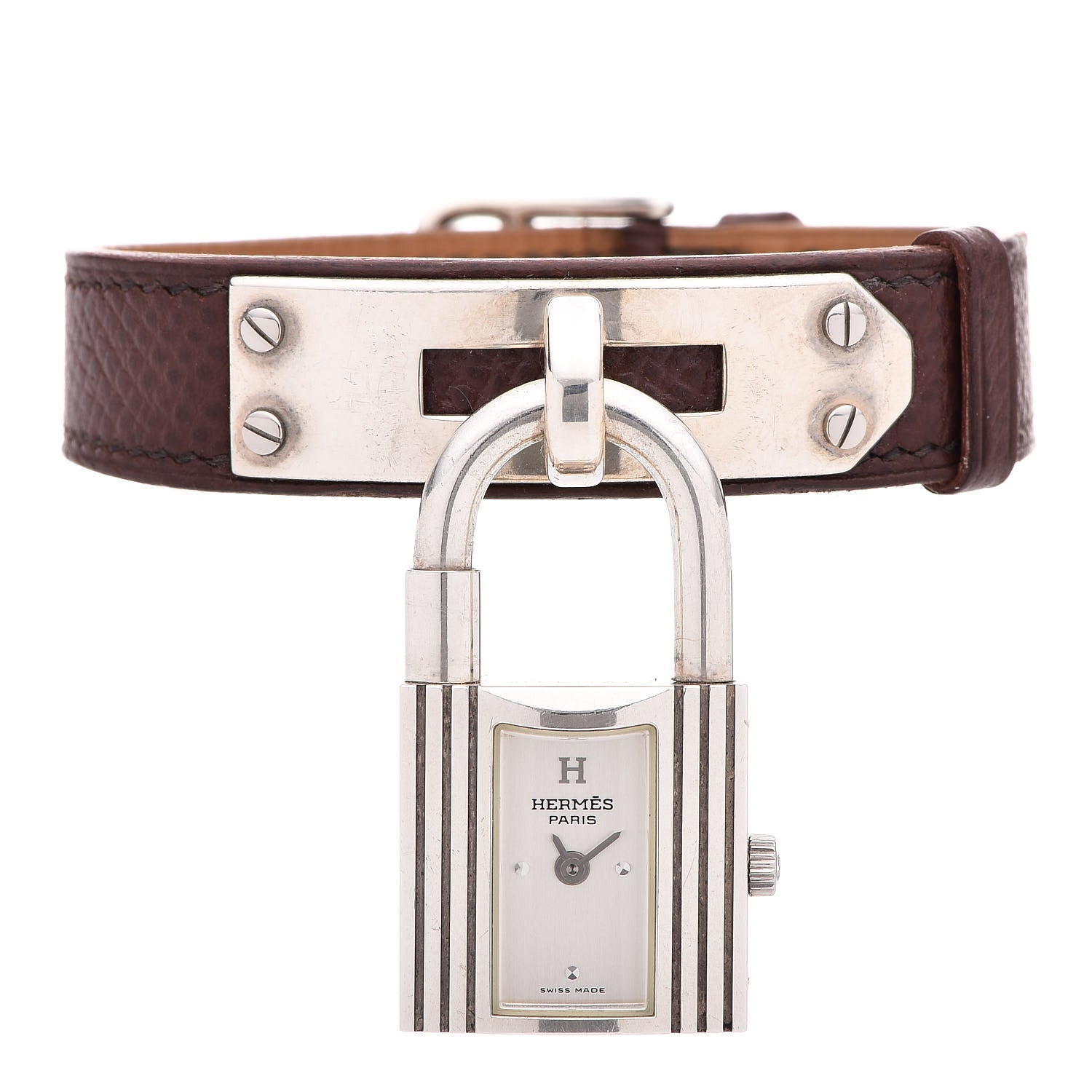 Hermes Sterling Silver Courchevel 20mm Kelly Cadena Quartz Watch Chocolate 1 of 12