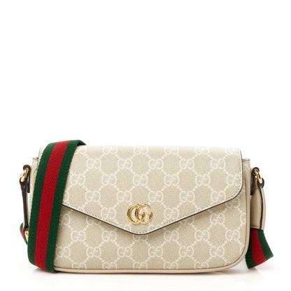 Gucci GG Supreme Monogram Textured Dollar Calfskin Web Mini Ophidia Envelope Shoulder Bag Beige Mystic White Oatmeal 1 of 11