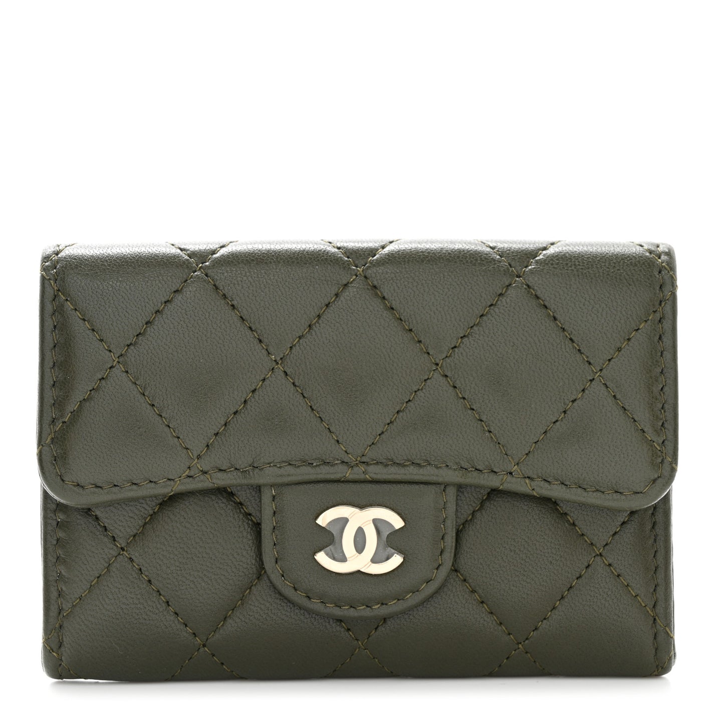 Lambskin Quilted Flap Card Holder Wallet Khaki