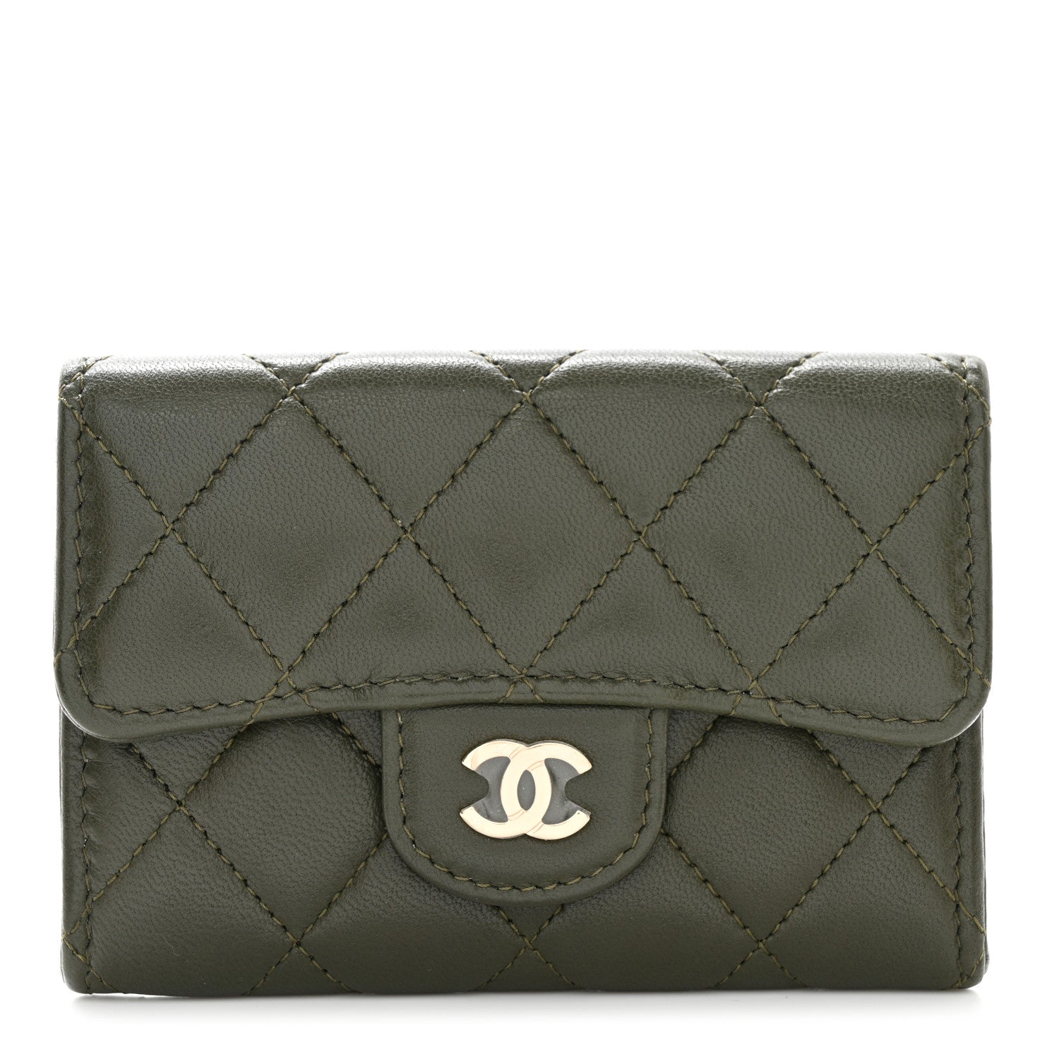 Chanel Lambskin Quilted Flap Card Holder Wallet Khaki 1 of 9