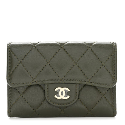 Chanel Lambskin Quilted Flap Card Holder Wallet Khaki 1 of 9
