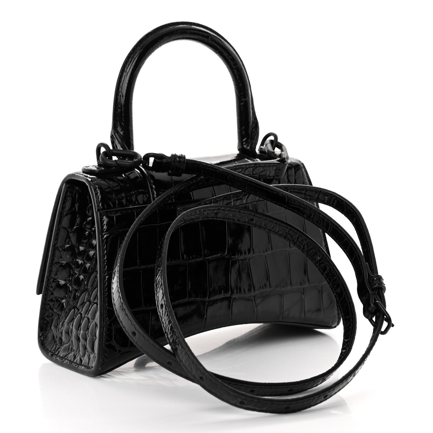 Balenciaga Shiny Calfskin Monochrome Crocodile Embossed Hourglass Top Handle Bag XS Black 3 of 9