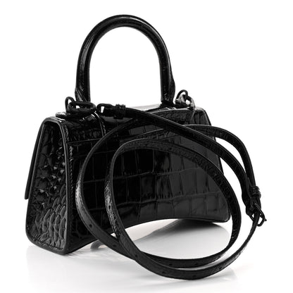 Balenciaga Shiny Calfskin Monochrome Crocodile Embossed Hourglass Top Handle Bag XS Black 3 of 9