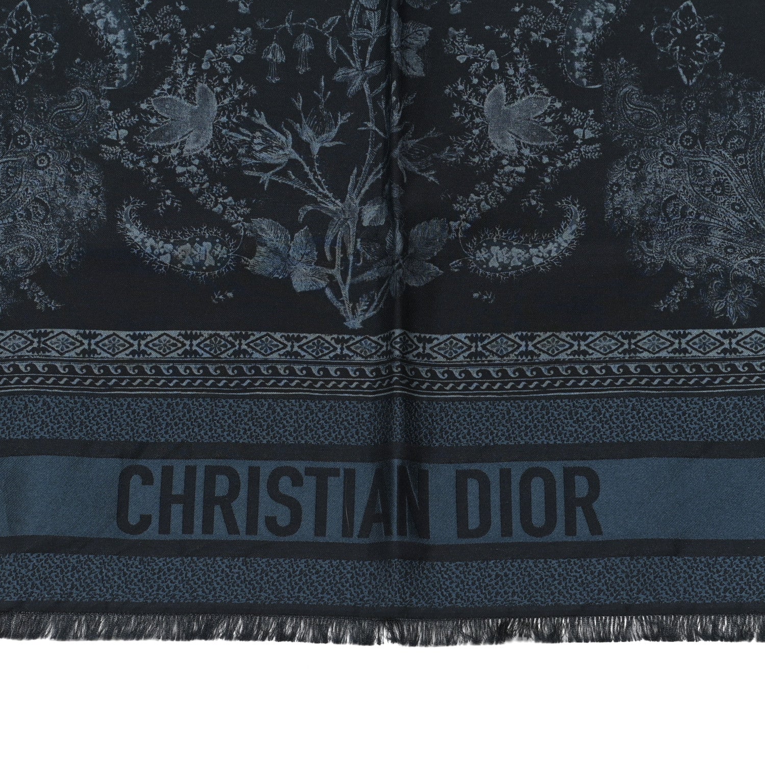 Christian Dior Silk Cotton Flowers Square Scarf Navy Blue 2 of 3