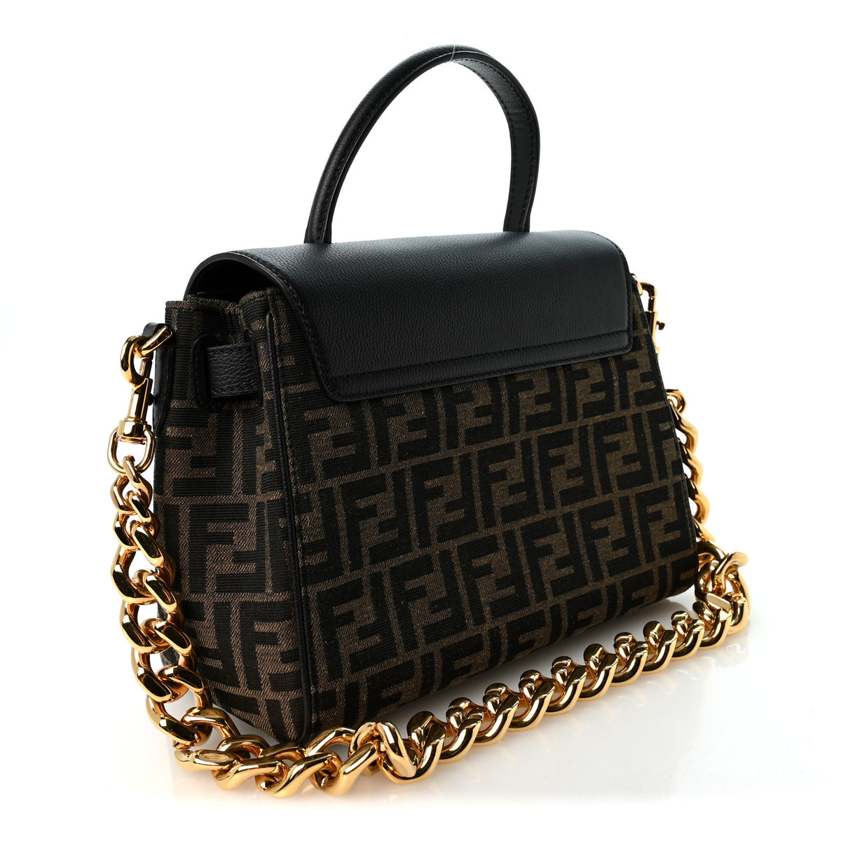 X FENDI Grained Calfskin Fendace Medium La Medusa Top Handle Bag Black Brown