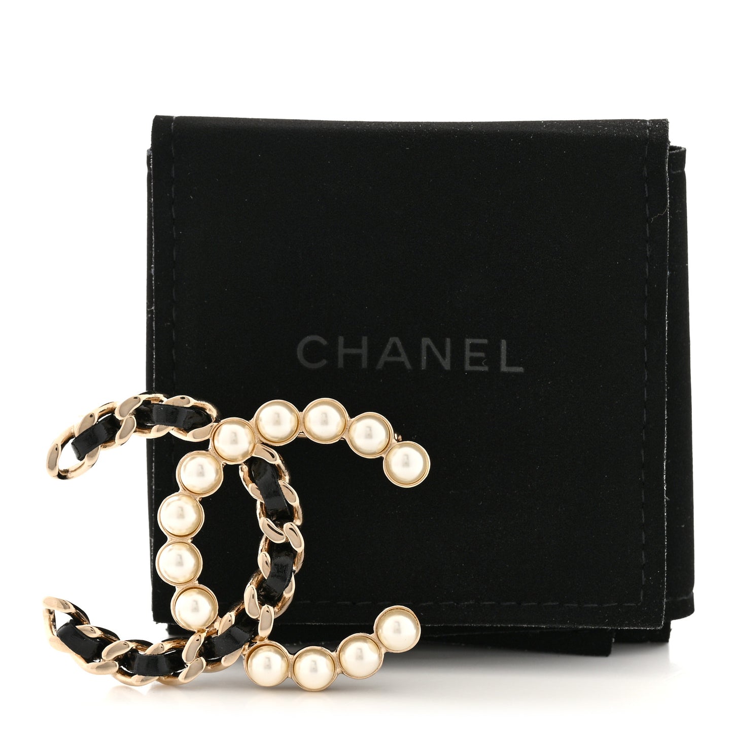 Lambskin Pearl CC Chain Brooch Black Gold