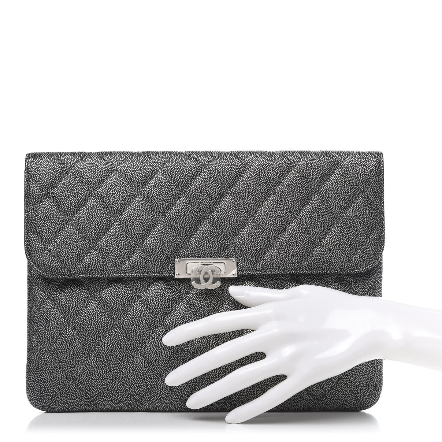 Metallic Caviar Quilted Medium Golden Class Pouch Dark Grey