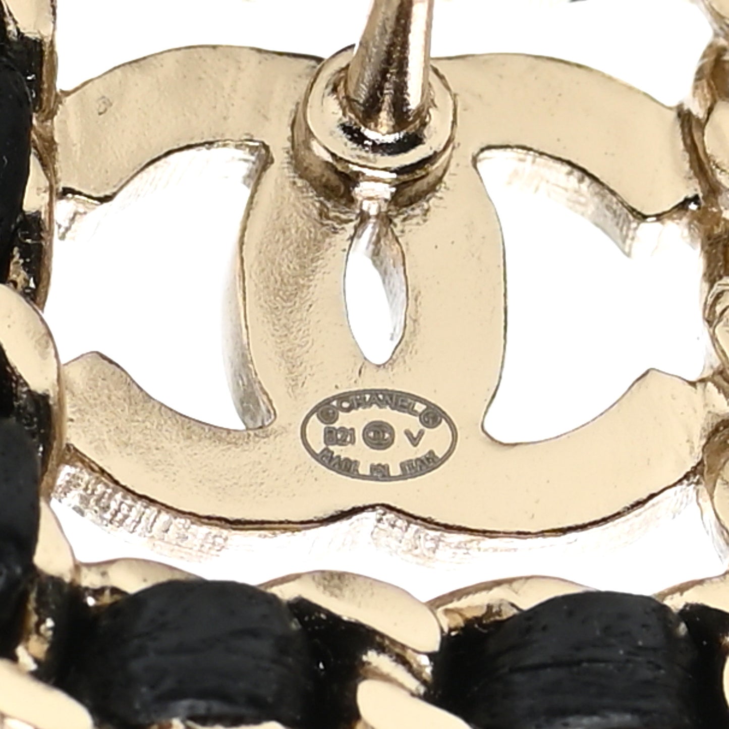 Crystal Lambskin Chain Sergeant Chanel Stud Earrings Black Gold