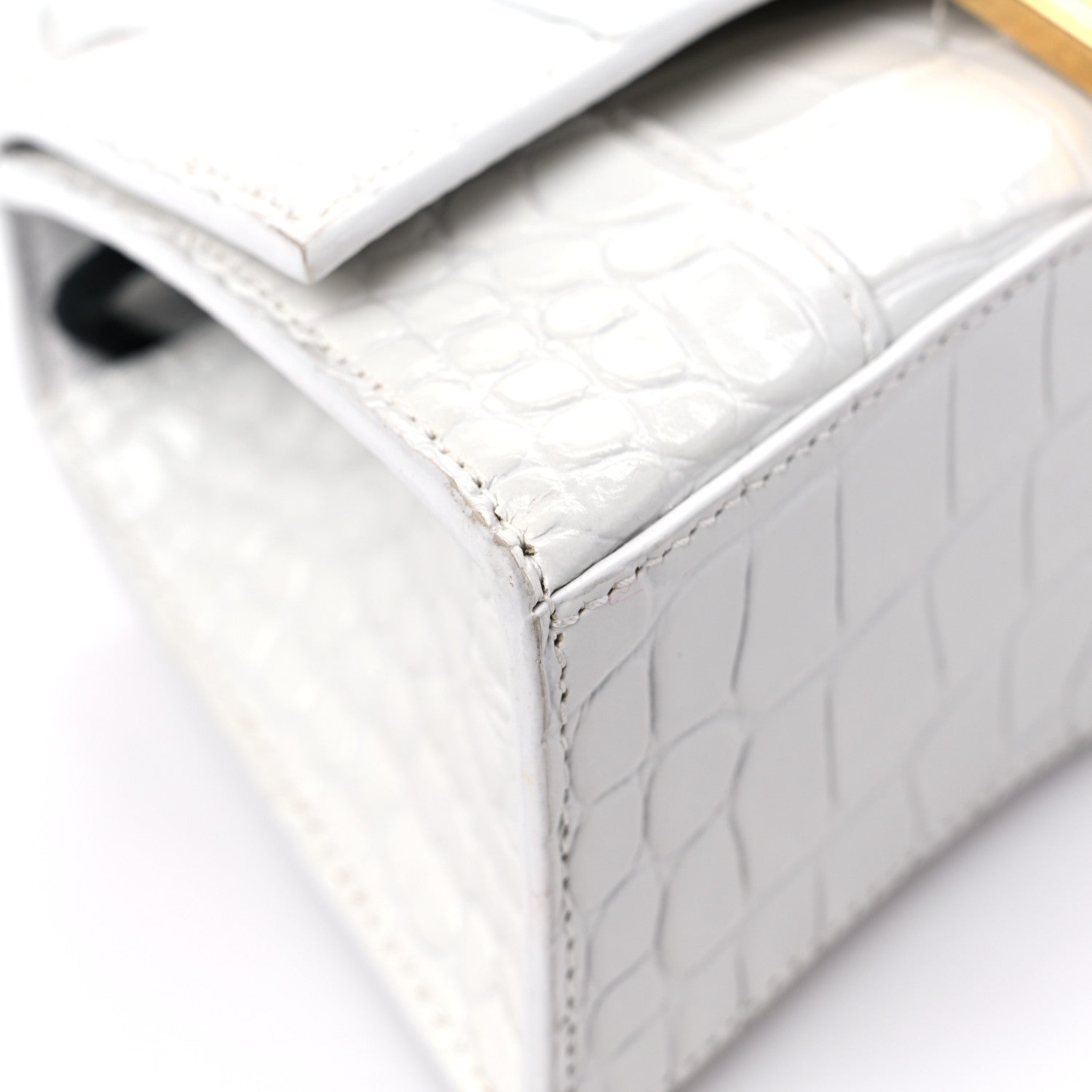 Balenciaga Shiny Calfskin Crocodile Embossed Hourglass Top Handle Bag XS White 8 of 13
