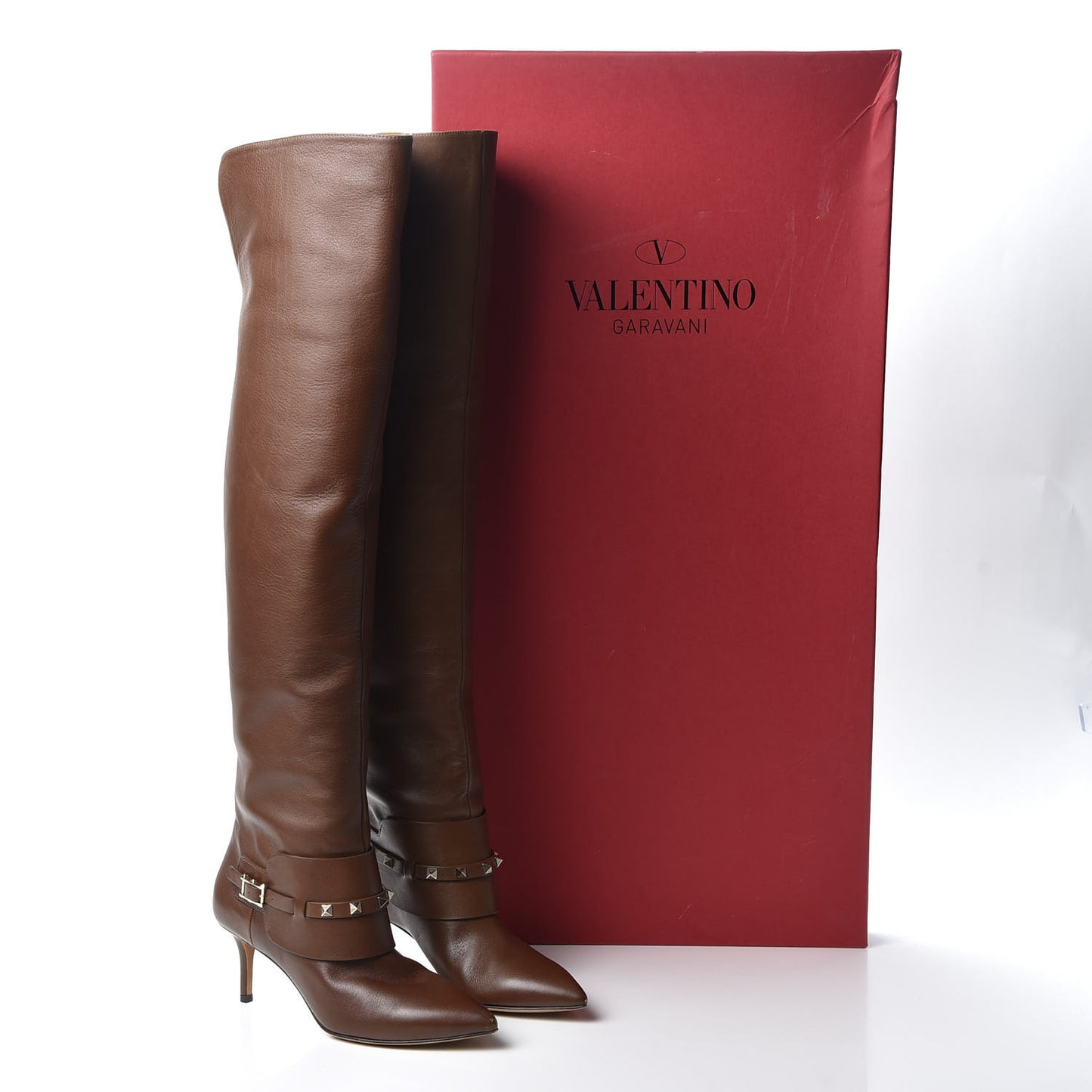 Calfskin Rockstud Over The Knee Boots 37 Brown