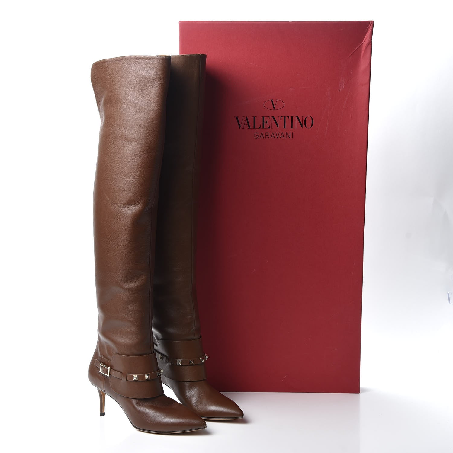 Valentino Garavani Calfskin Rockstud Over The Knee Boots 37 Brown 11 of 11