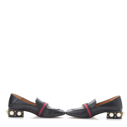 Gucci Calfskin Web Pearl Embellished Peyton Loafers 38.5 Black 6 of 16