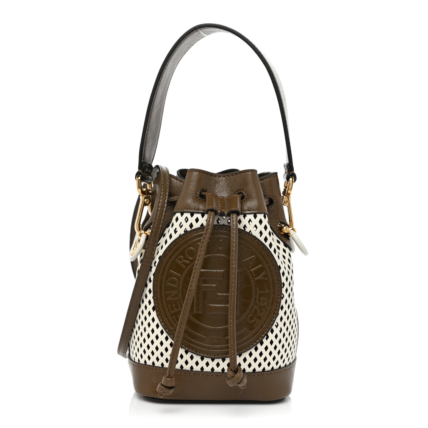 Fendi Vitello Liberty Glossy Lambskin F is Fendi Perforated Mini Mon Tresor Bucket Bag White Ice Rust Maya 1 of 8