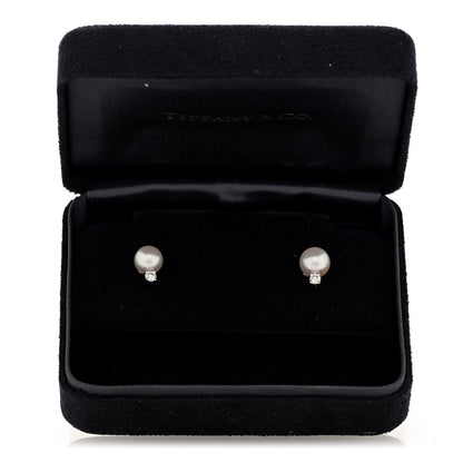 Tiffany 18K White Gold Diamond Akoya Cultured Pearl 6.5-7mm Signature Earrings 5 of 5