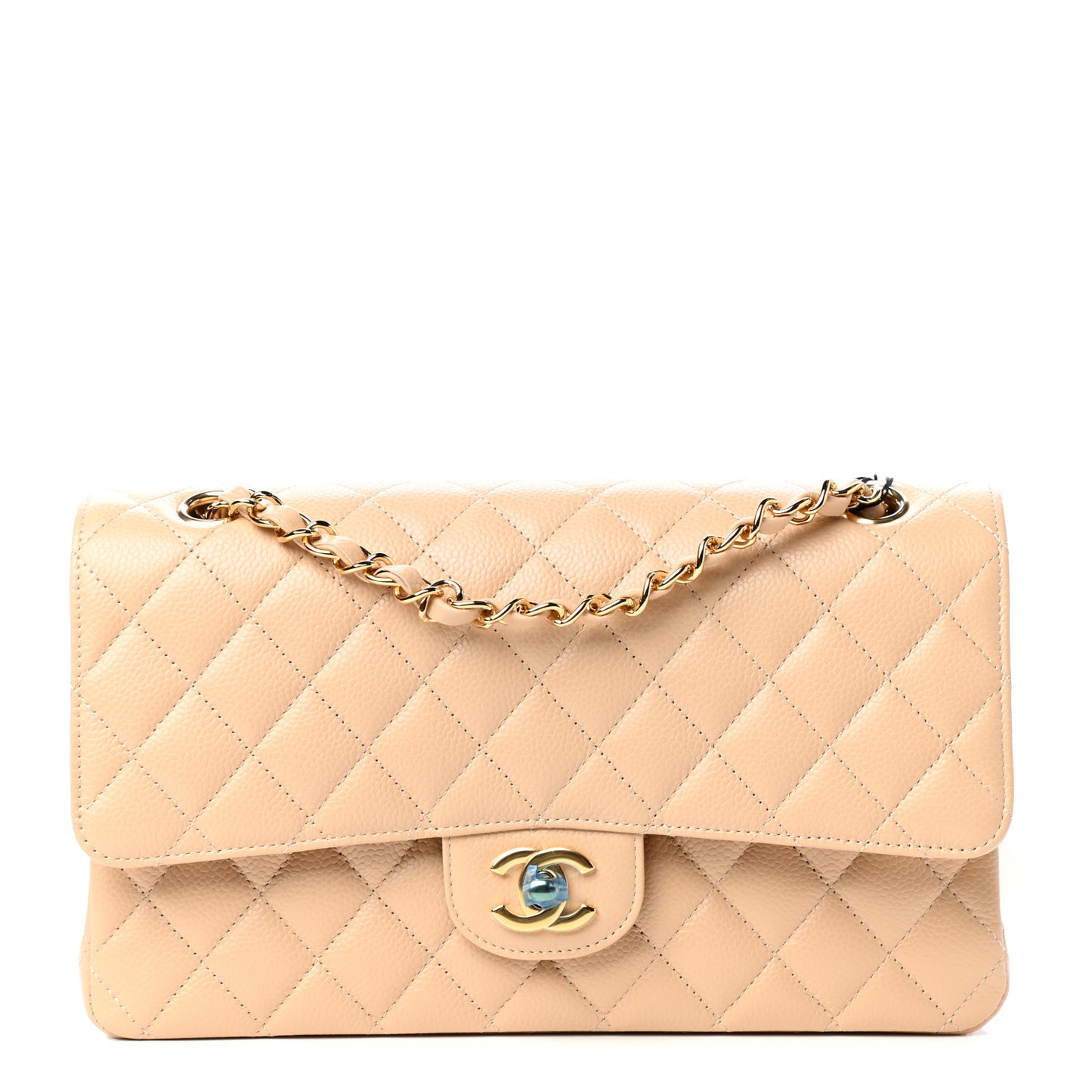 Caviar Quilted Medium Double Flap Beige