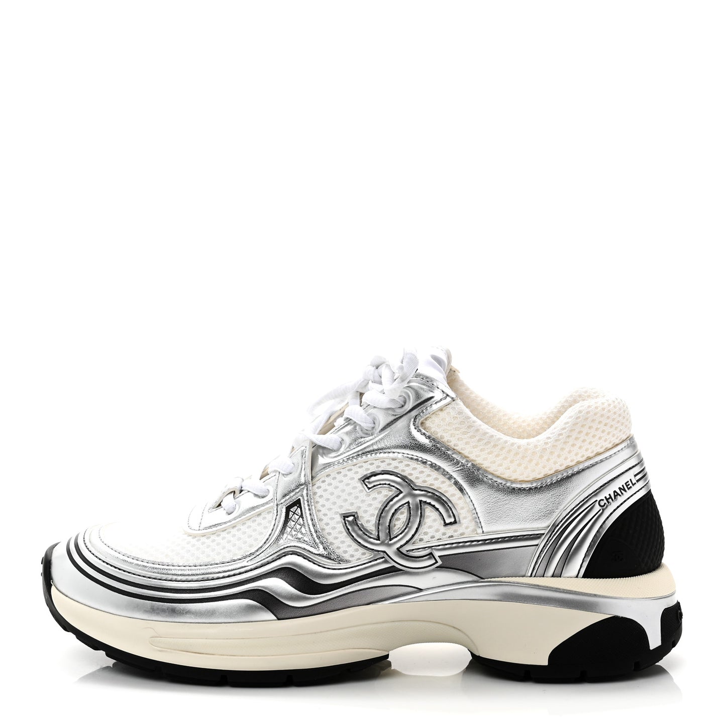 Fabric Laminated Calfskin Stretch CC Womens Sneakers 38 White Silver